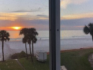 A view through a window with a sunset, palm trees, and a white structure. - Beach Pool Open Beachfront View Every Room (Siesta Key)