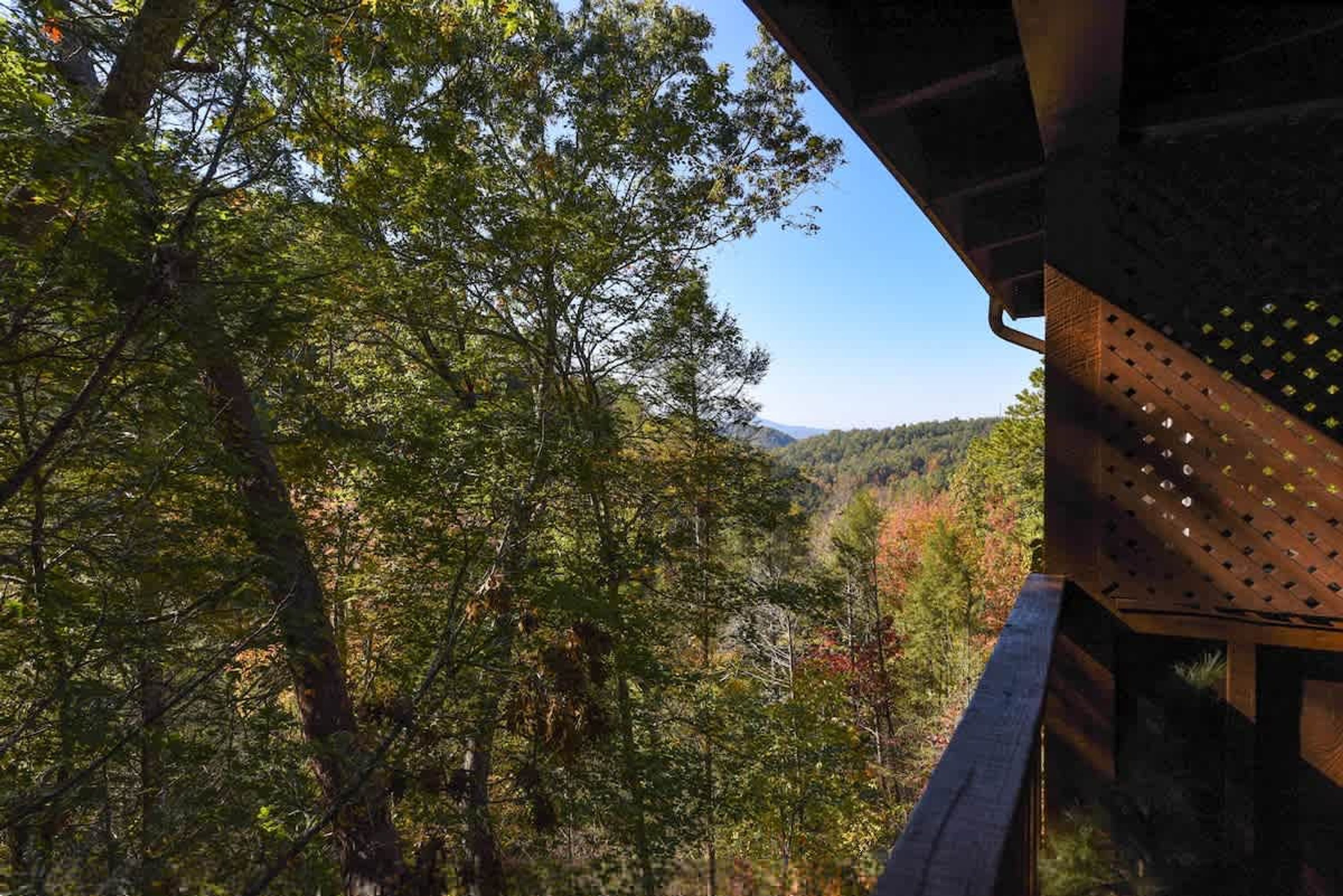 A forested area with a wooden structure, possibly a bridge or walkway, overlooking a valley.