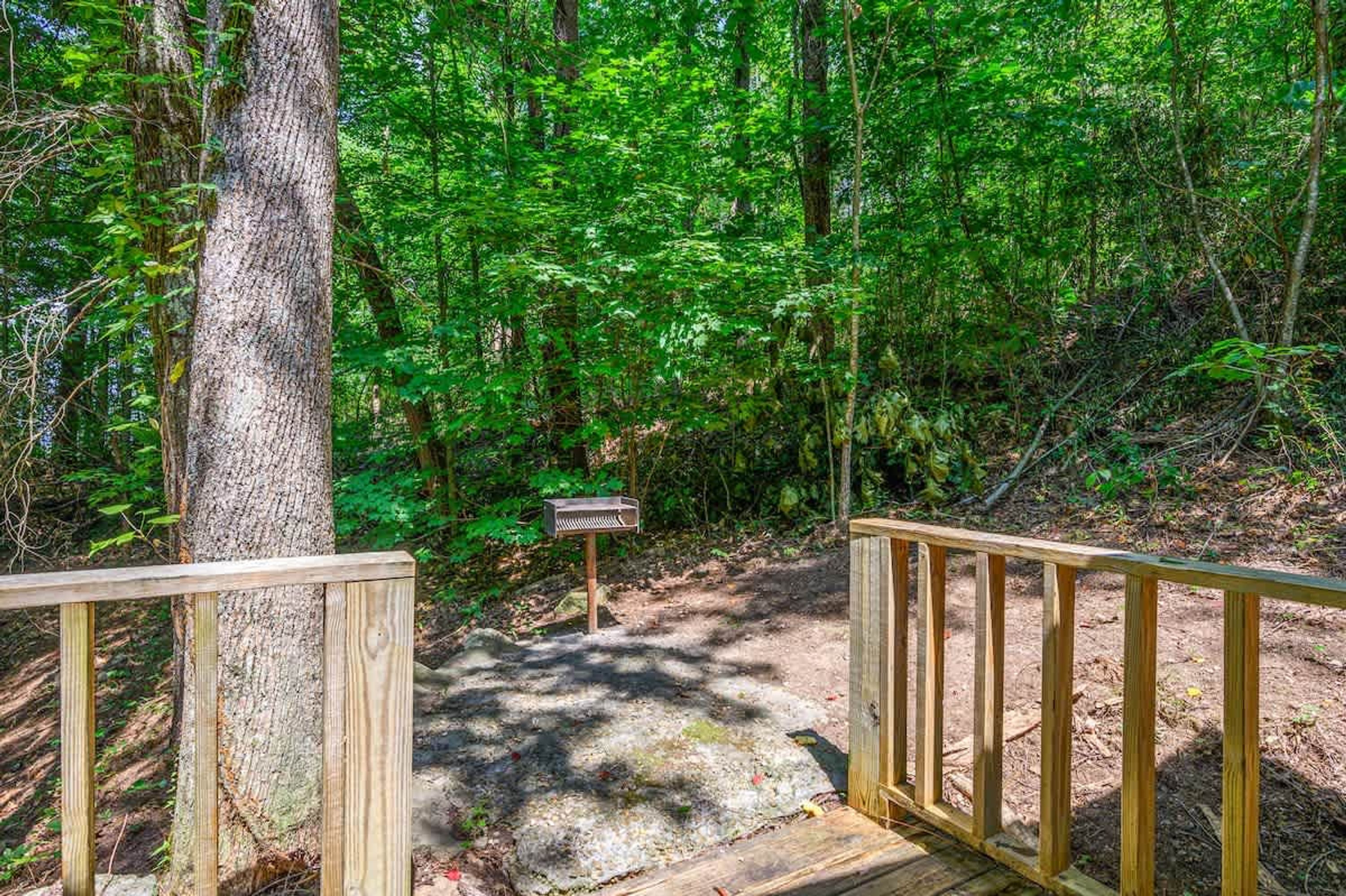 A wooden pathway leading into a forested area with a wooden fence on one side.
