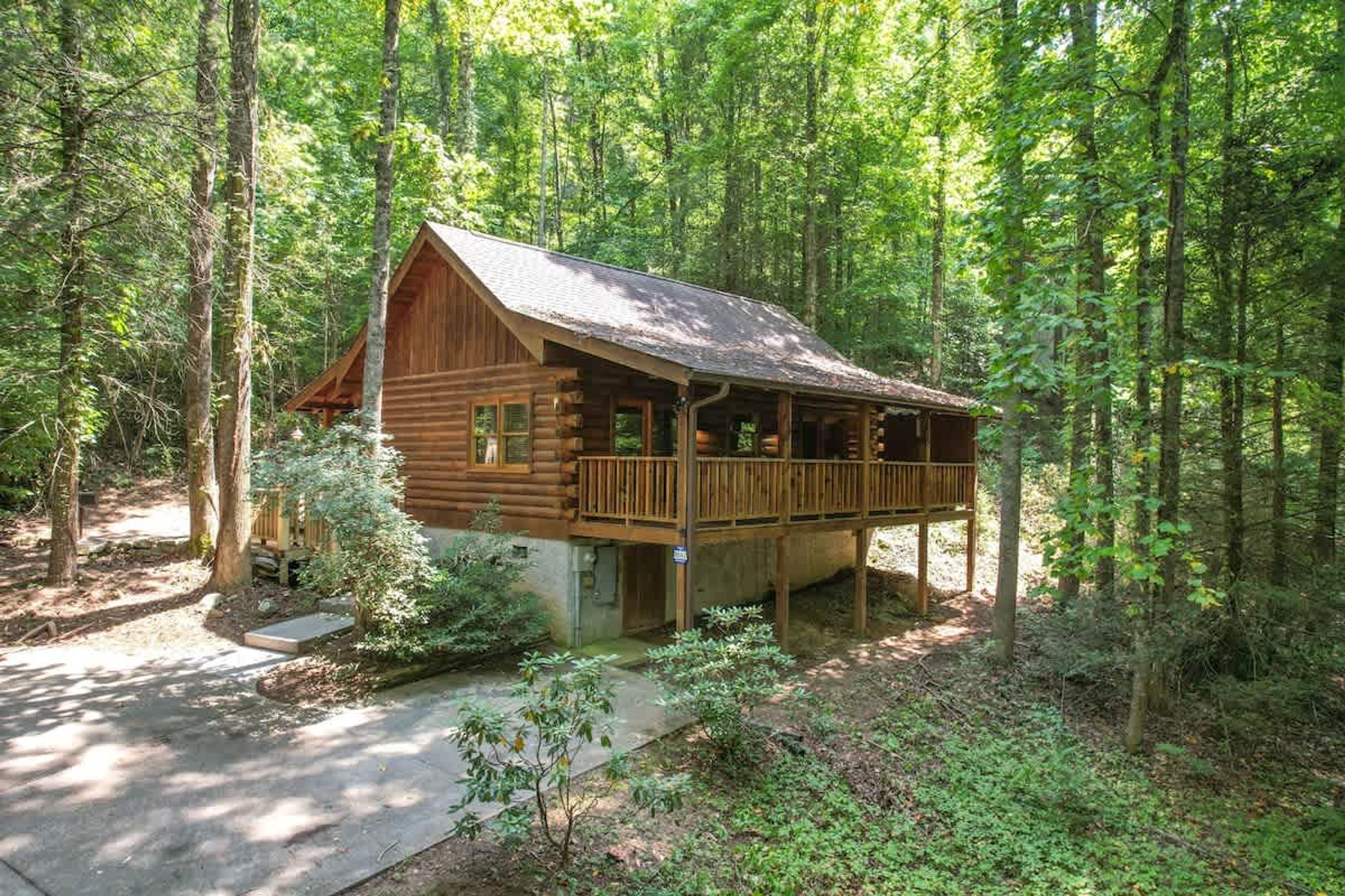 Una baita con un portico, immersa in una foresta.