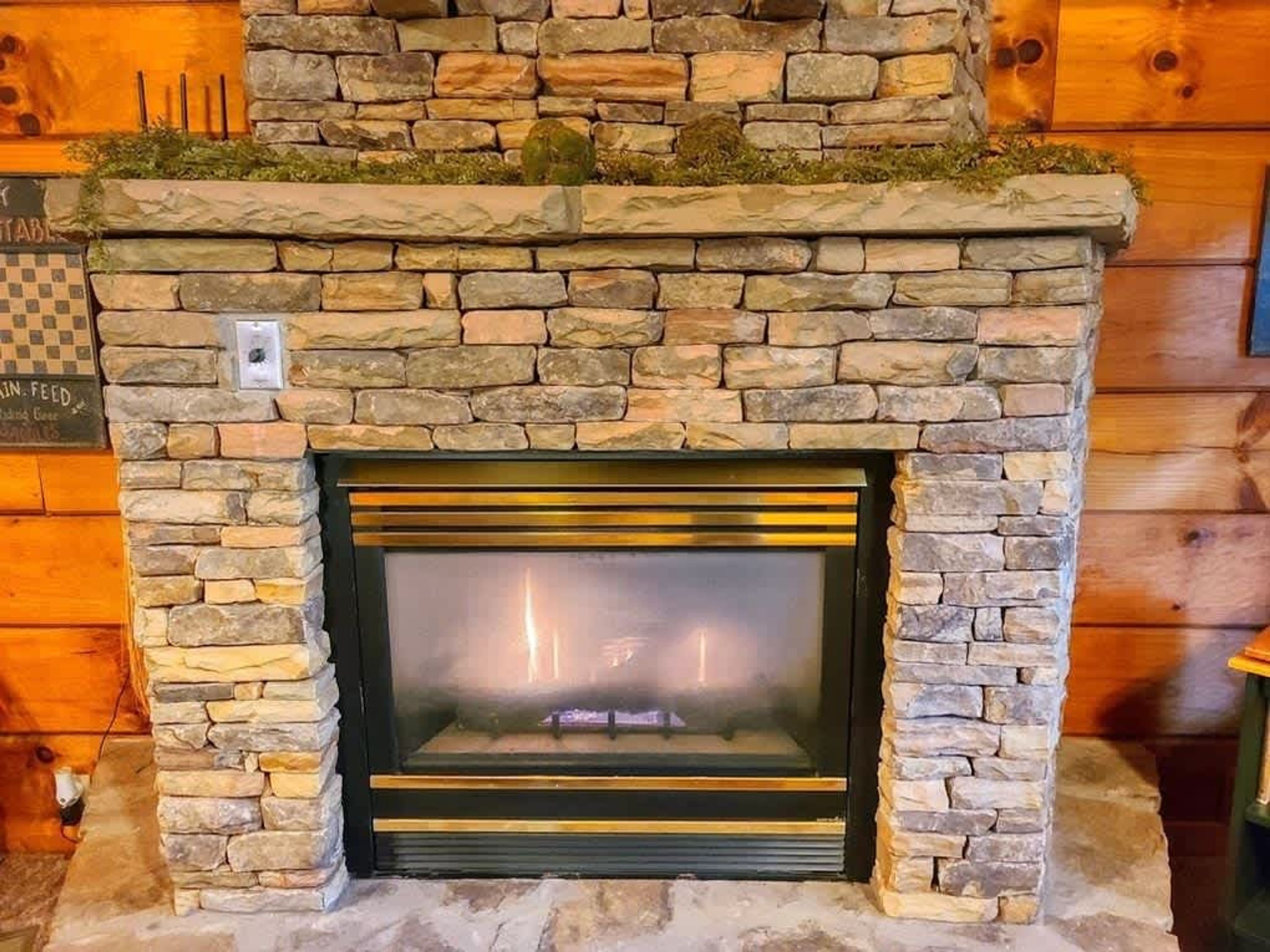 A stone fireplace with a glass door, set in a wooden cabin interior.