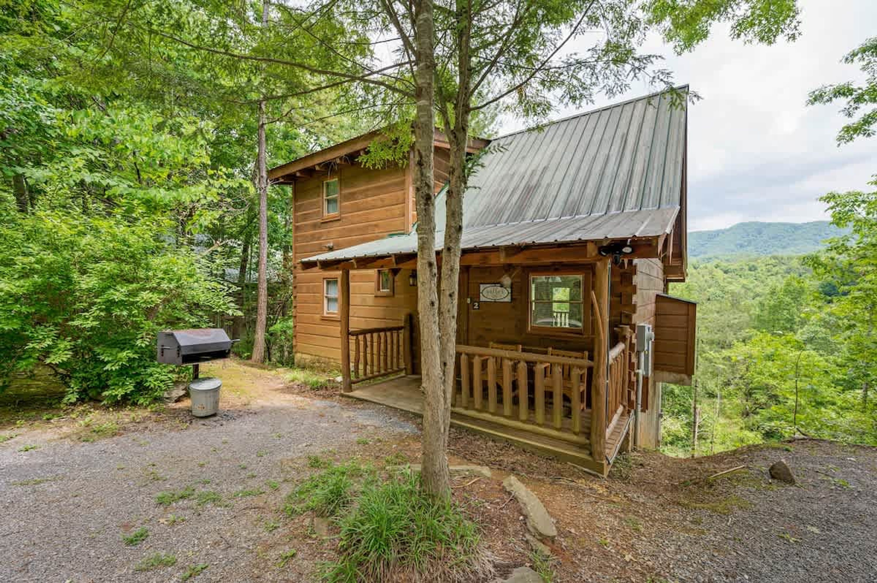 A rustic cabin with a wooden exterior, a porch, and a metal roof, surrounded by dense forest.