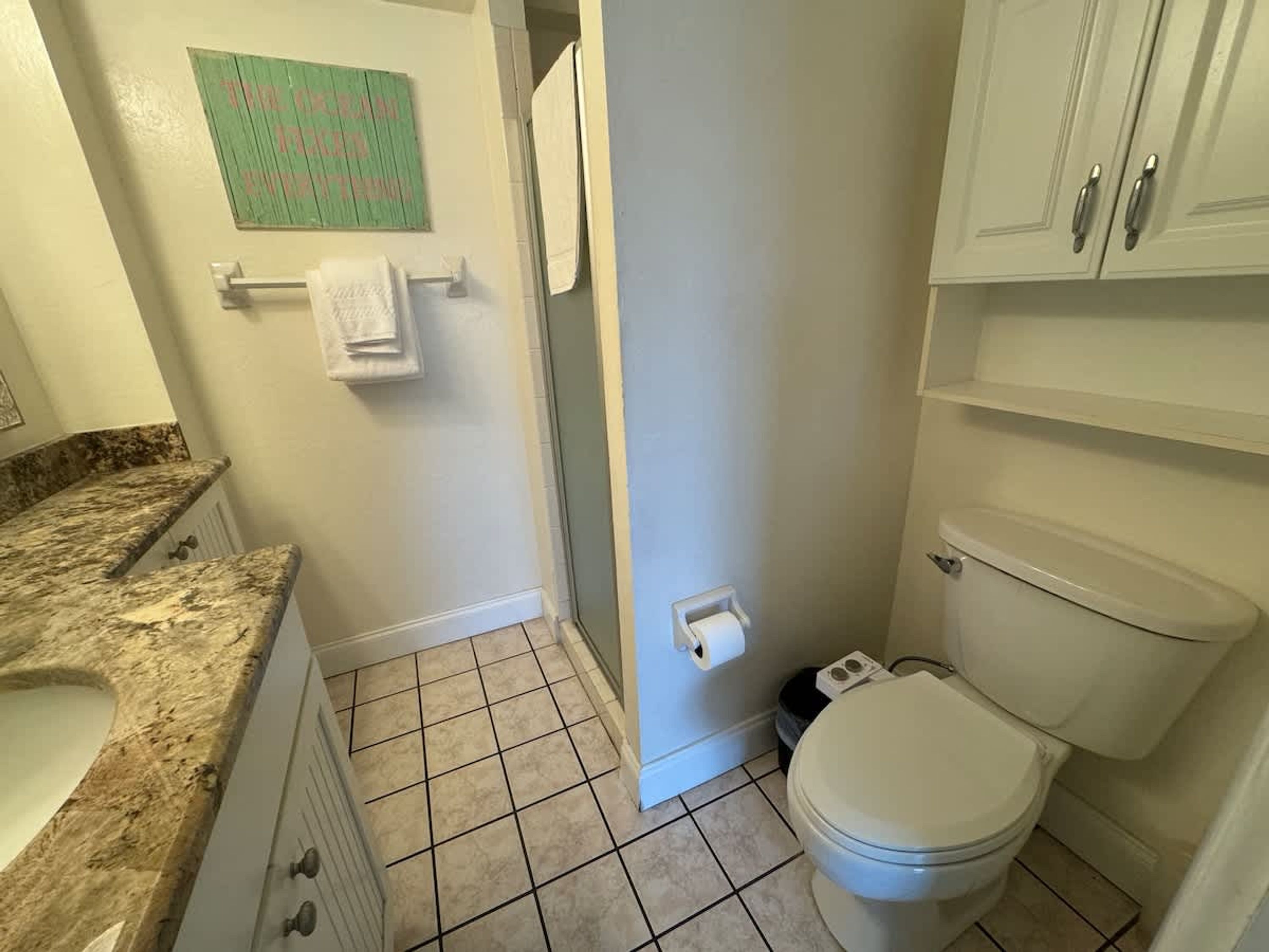 A bathroom with a toilet, a sink, a towel rack, and a green sign on the wall.