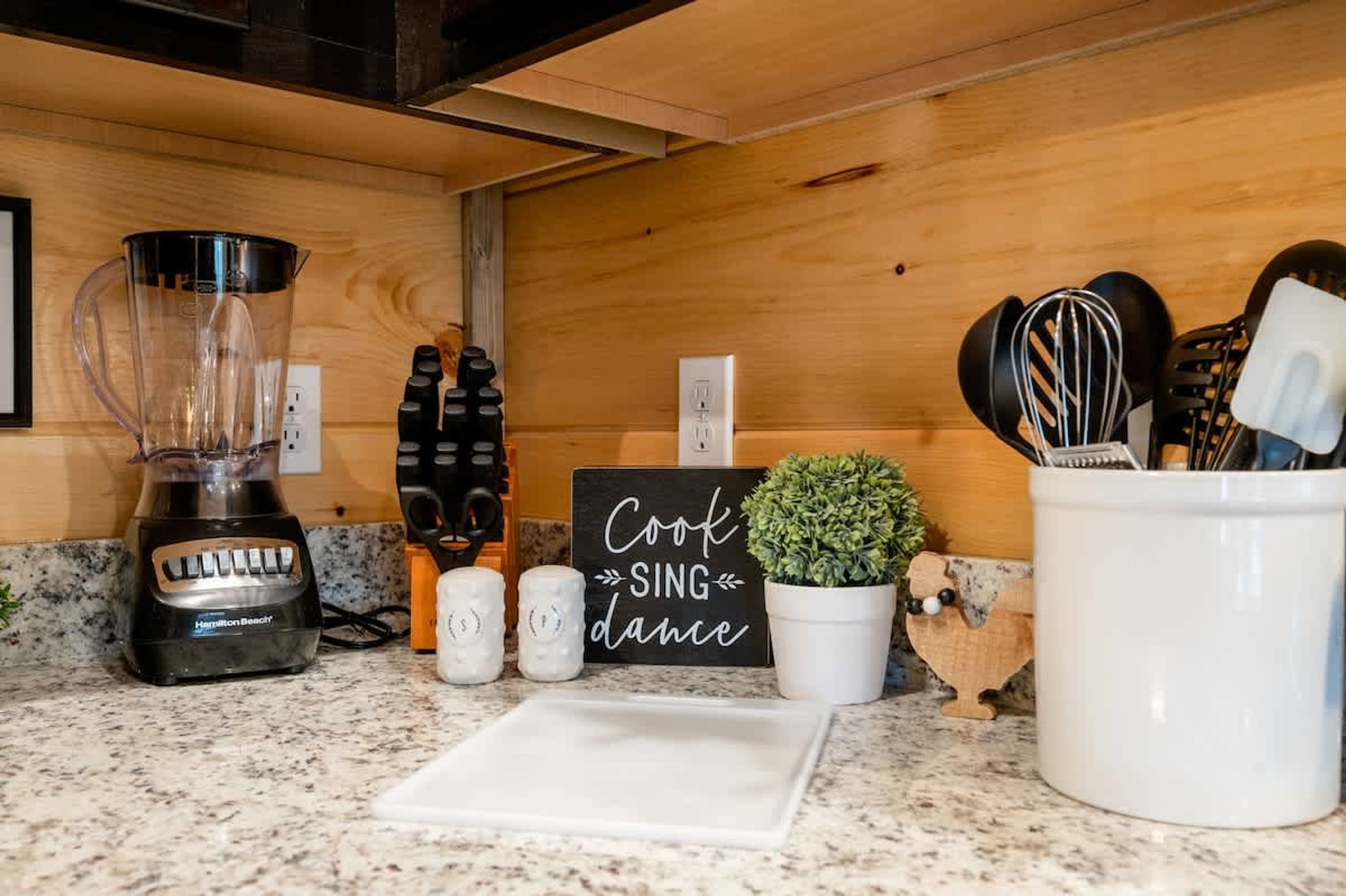 Eine Küchenarbeitsfläche mit einem Mixer, Salzhaltem, einer Topfpflanze, einem Schild mit der Aufschrift 'Cook Sing Dance' und Küchenutensilien.