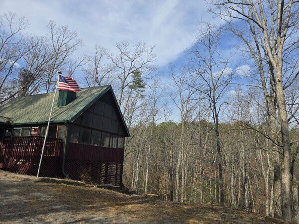 A cabin with a green roof, a visible American flag, and a forested backdrop. - Hot Tub Arcade Fireplace Honeymoon Hiking Fun (Sevierville)