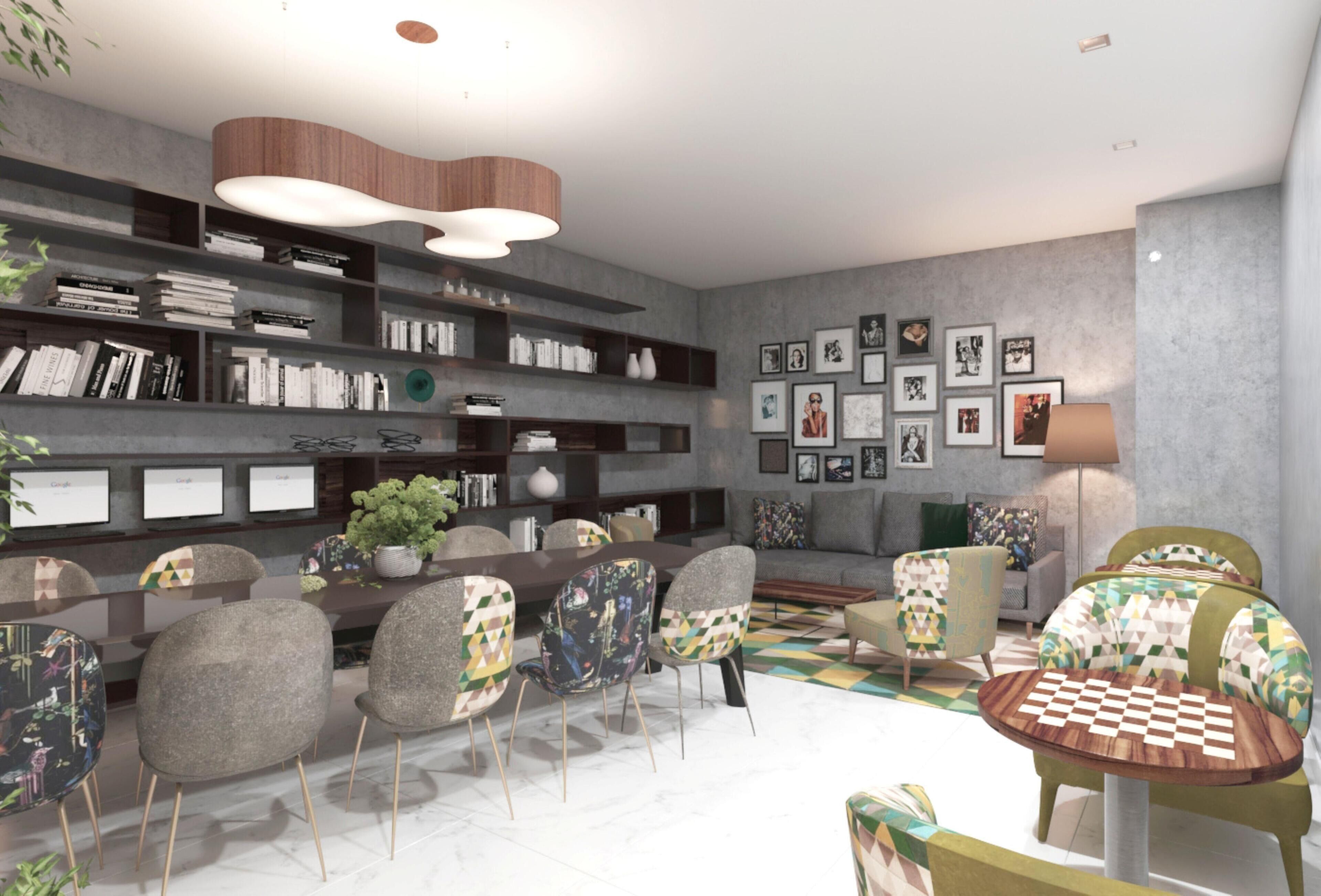 A modern living room with a bookshelf, a dining table with chairs, a sofa, a lamp, and a chessboard.