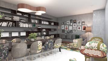 A modern living room with a bookshelf, a dining table with chairs, a sofa, a lamp, and a chessboard.
