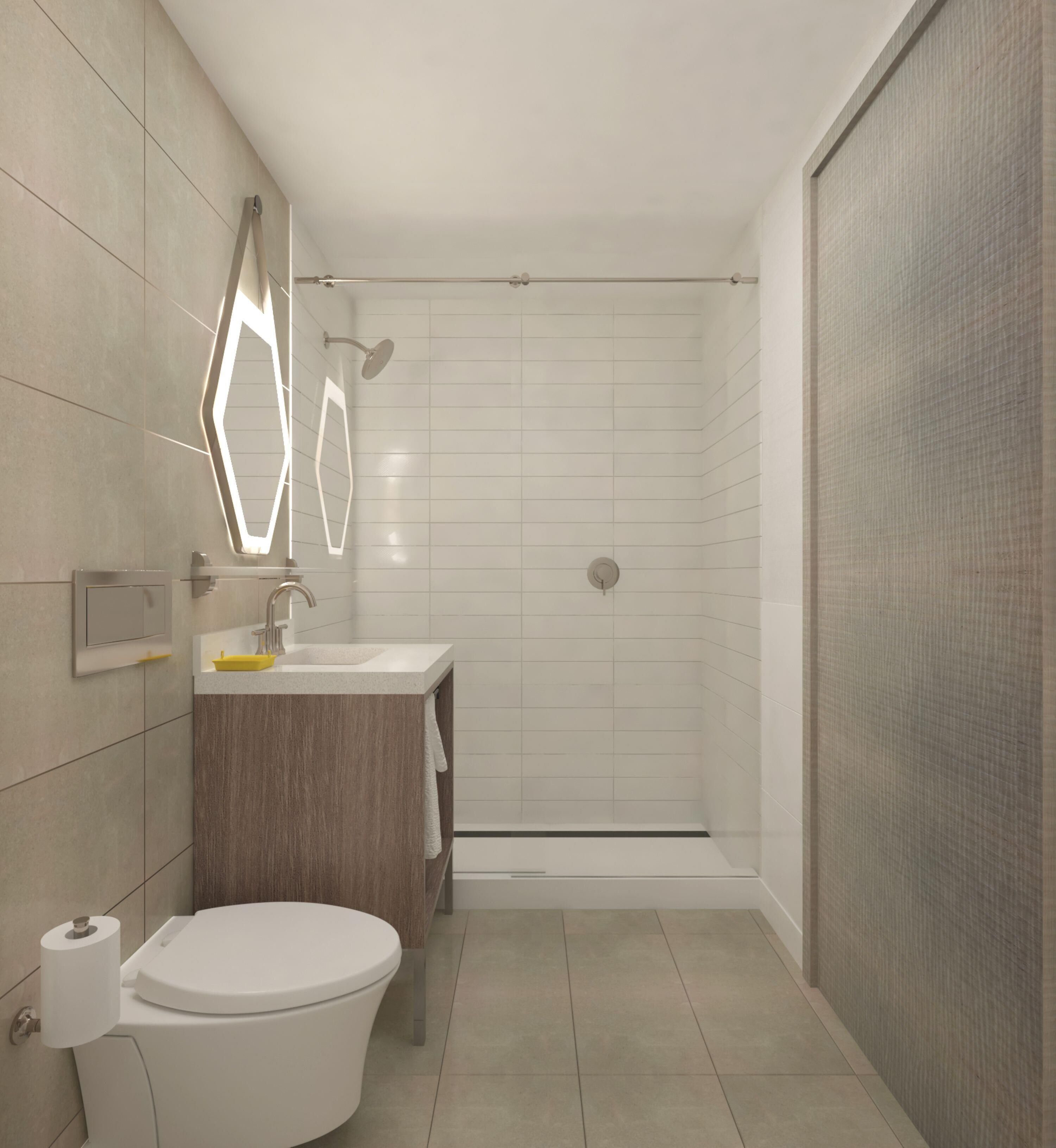 Ein modernes Badezimmer mit Toilette, Waschbecken und Dusche.