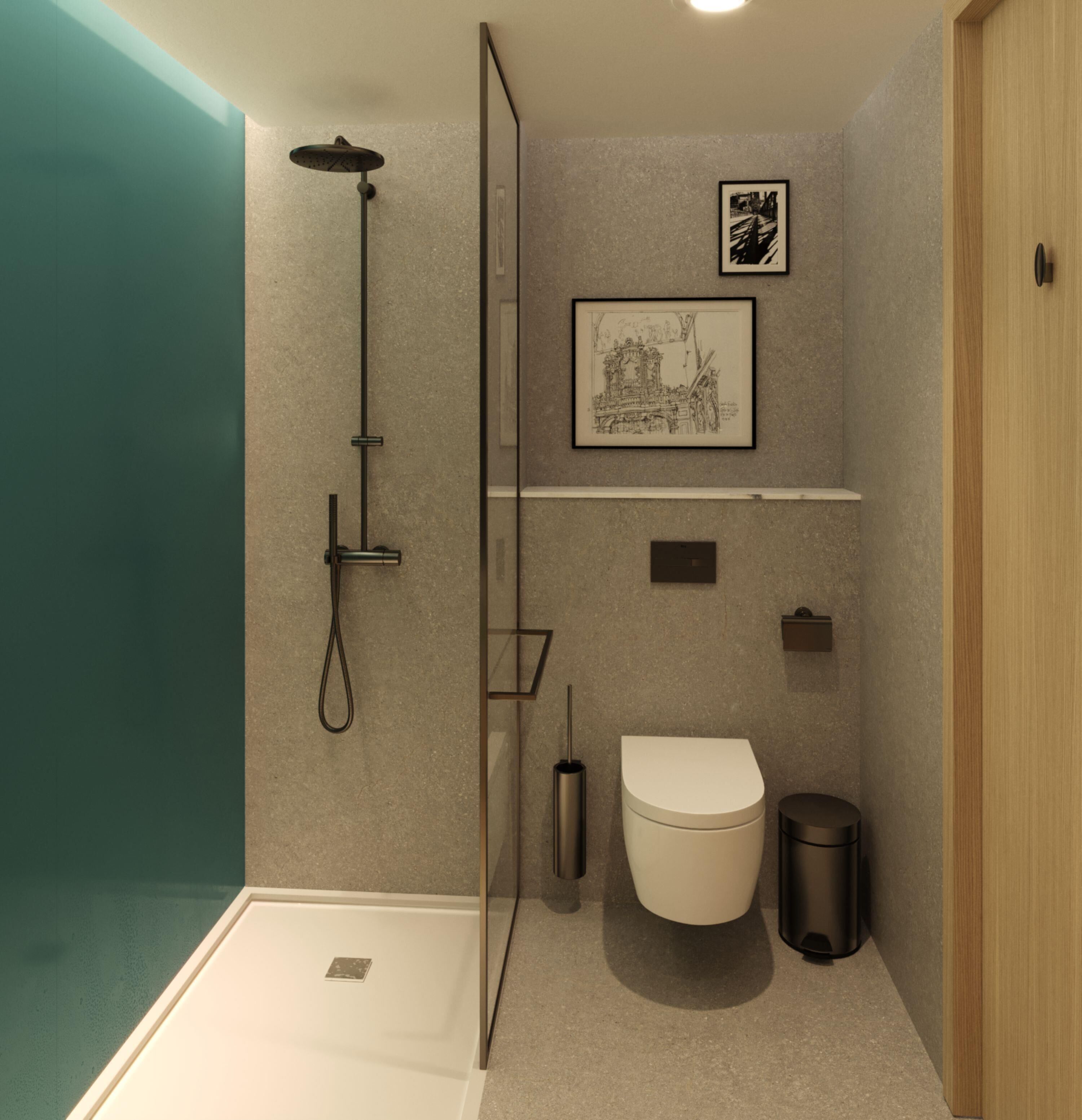 A modern bathroom with a glass shower enclosure, a toilet, a trash bin, and a framed picture on the wall.