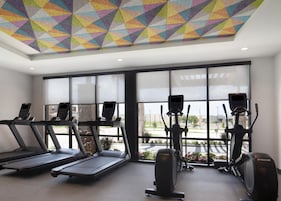 Un gimnasio con cintas de correr, elípticas y bicicletas estáticas, amplias ventanas y un techo geométrico y colorido.
