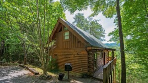A rustic log cabin with a porch, surrounded by dense forest. - Nice View Log Cabin Fireplace Hot Tub Pool Table (Sevierville)