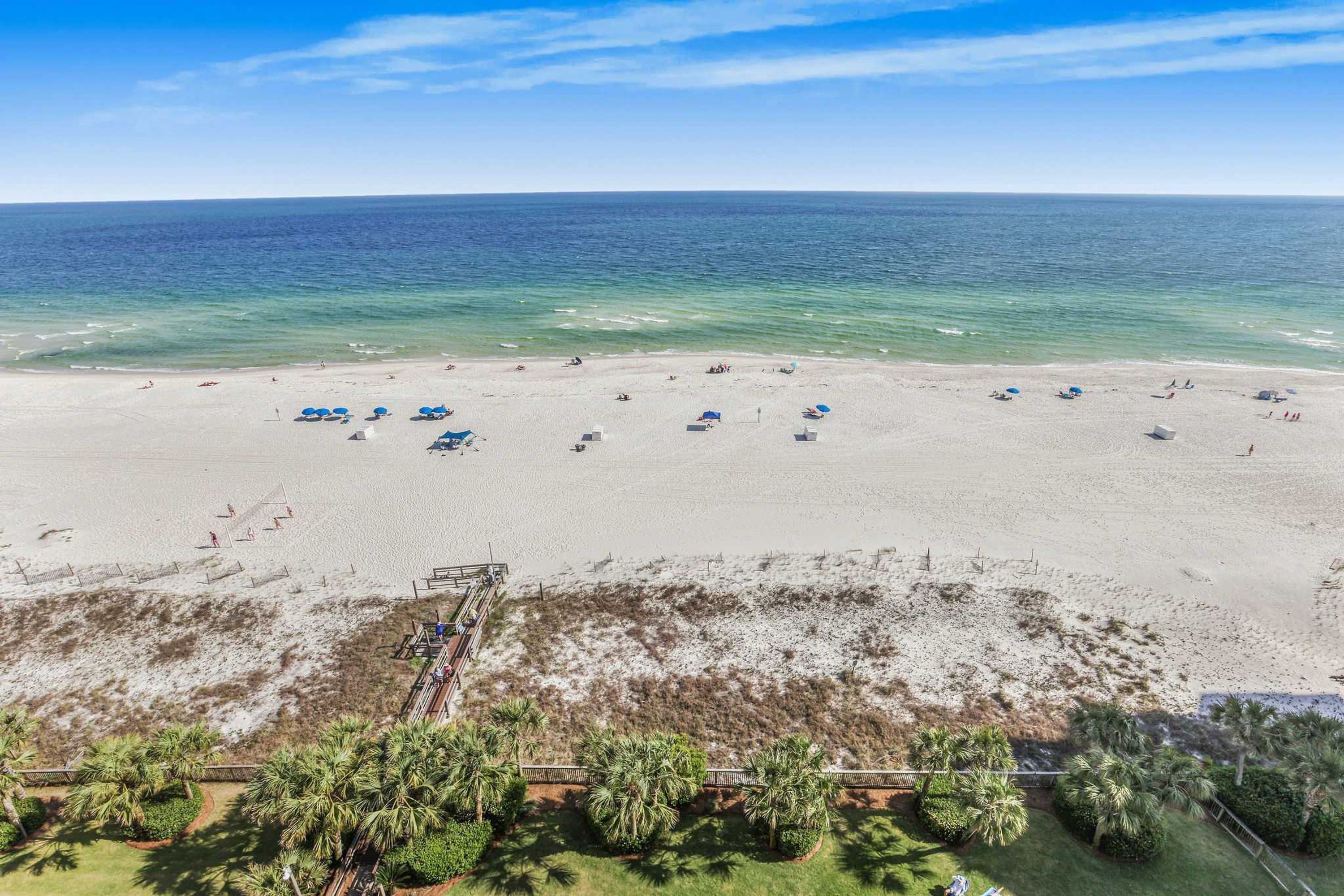 A beach with clear blue water, sandy shore, and palm trees.
