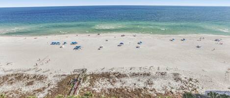 A beach with clear blue water, sandy shore, and palm trees.