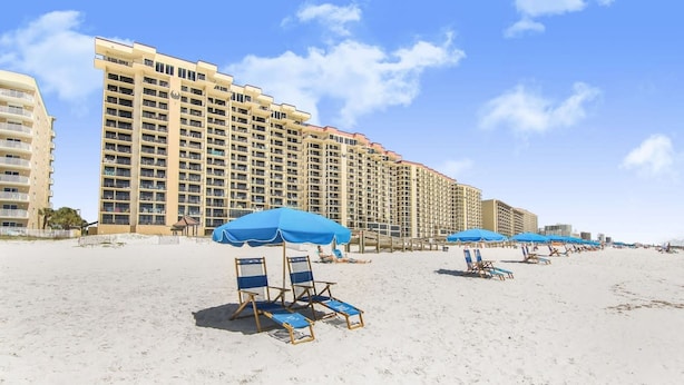 Una playa con hileras de sombrillas azules y sillas de descanso, y altos edificios residenciales al fondo.