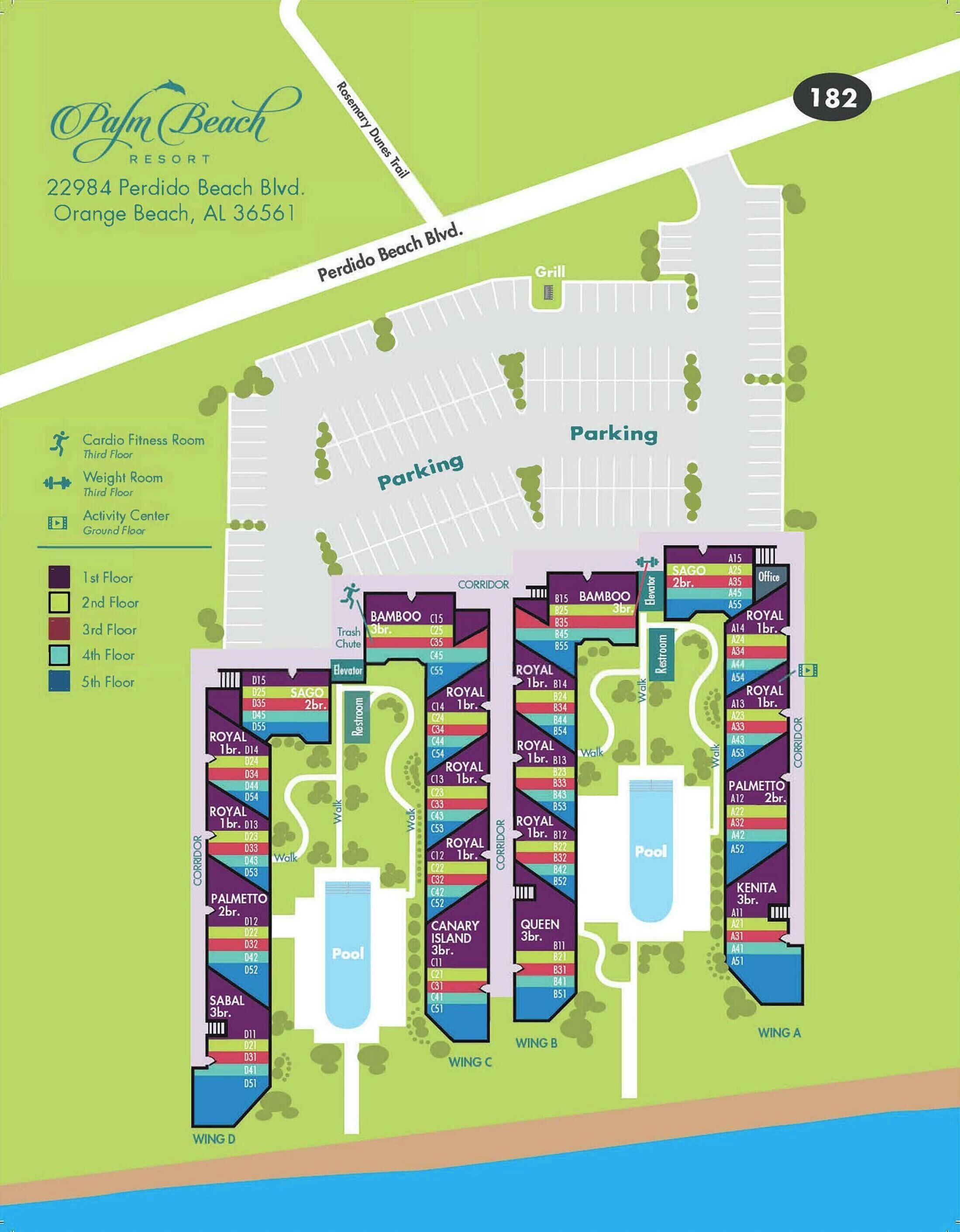 A floor plan of Palm Beach Resort, including amenities like a Cardio Fitness Room, Weight Room, Activity Center, and a Pool.