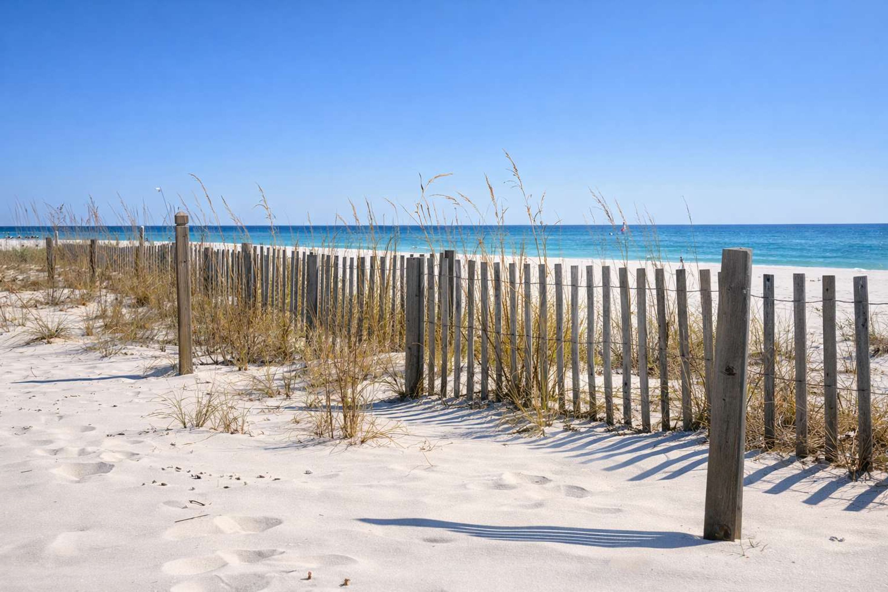 A sandy beach with a wooden fence and sparse vegetation.