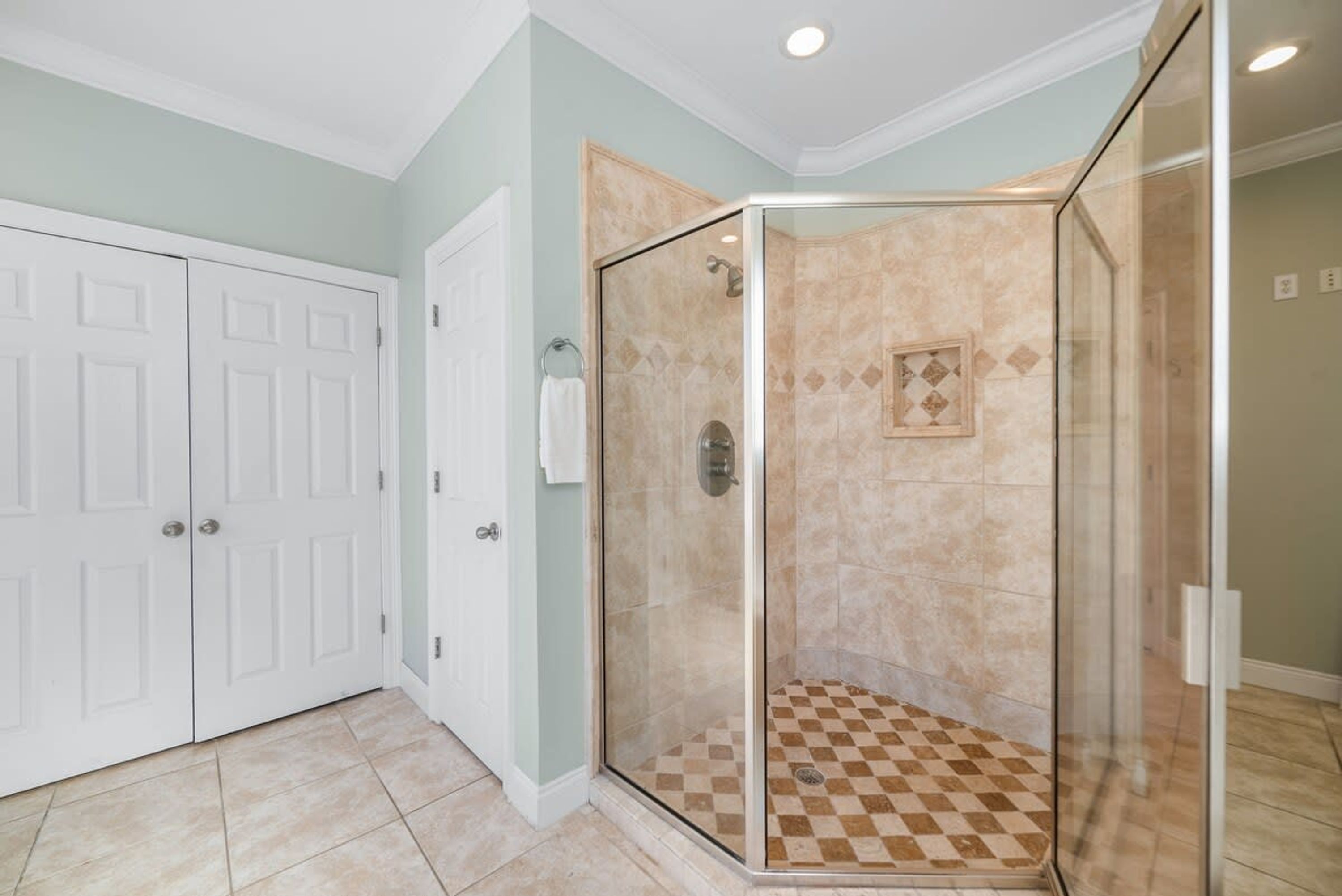A bathroom with a glass shower enclosure, a white door, and a checkered floor.