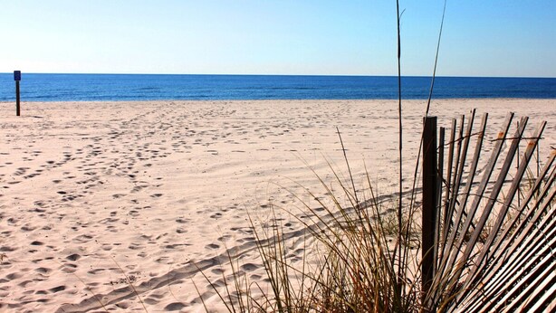 Een zandstrand met een houten omheining en een helderblauwe lucht.