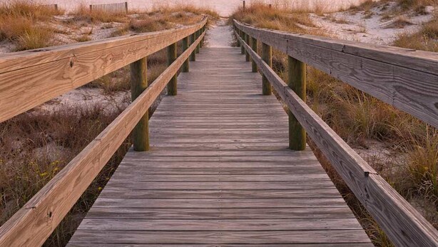 A wooden boardwalk leading to a beach with a clear sky. - The Gayosa House 9BR Beachfront Oasis With Private Pool Hot Tub (Orange Beach)