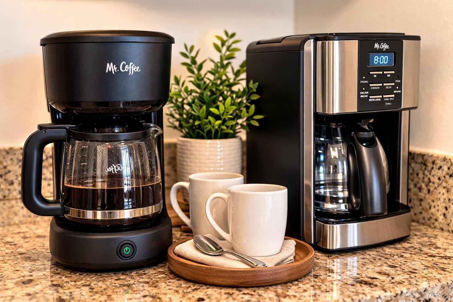 A coffee maker and a digital clock on a countertop.