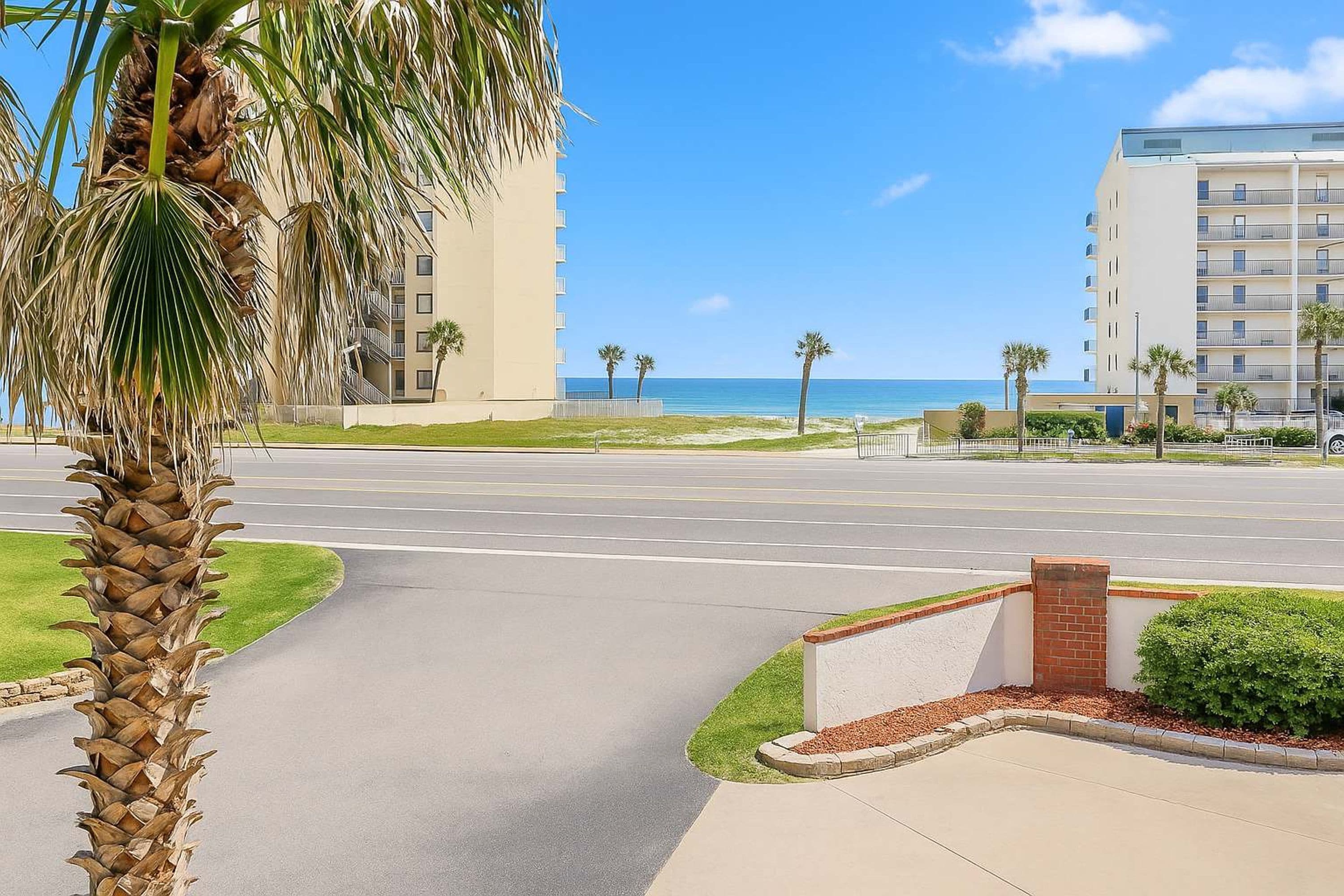 A hotel with a palm tree in the foreground, a road in the middle, and a beach in the background.