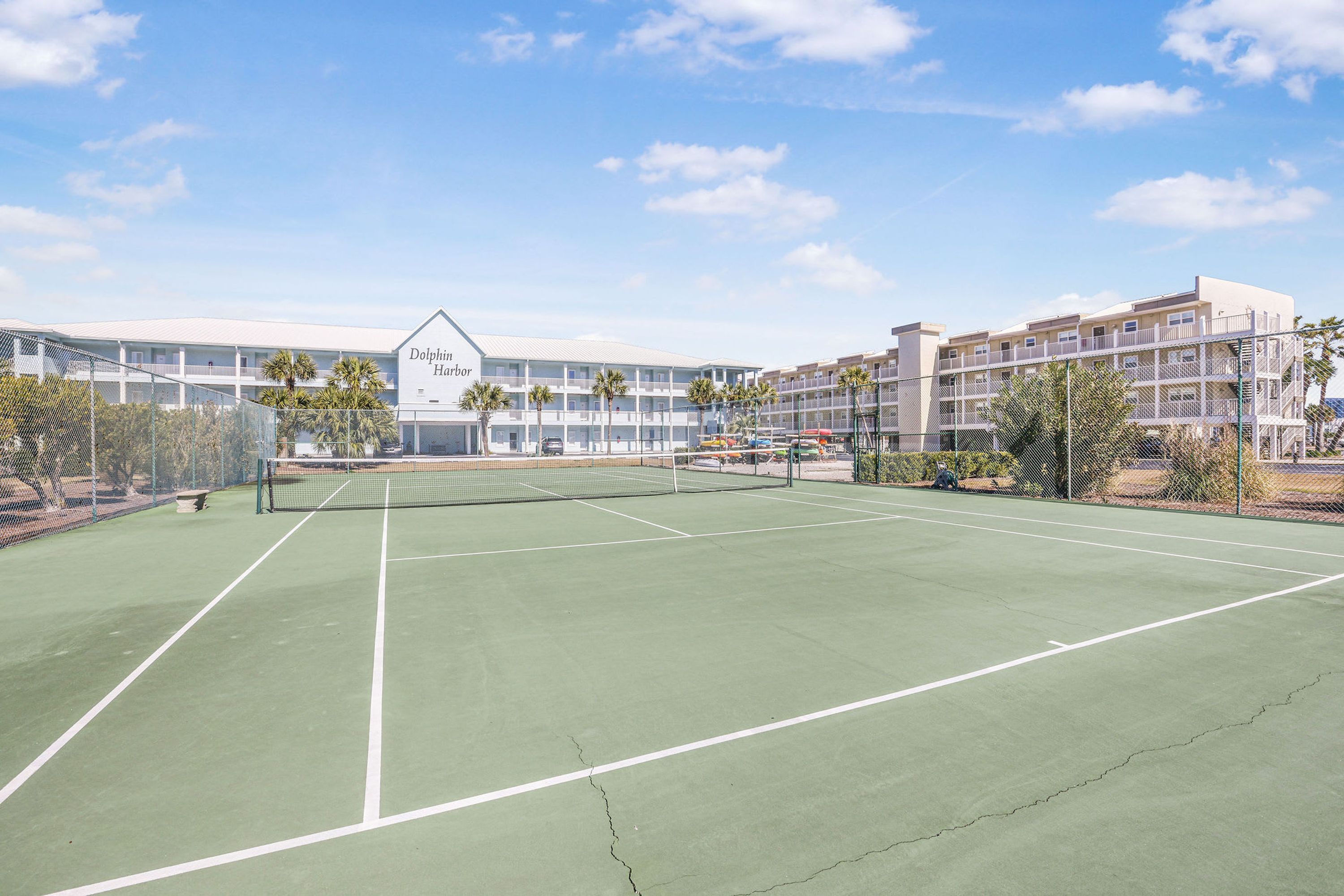 Un court de tennis avec un filet, entouré d’une clôture, et un bâtiment portant l’inscription « Dolphin Harbor » en arrière-plan.