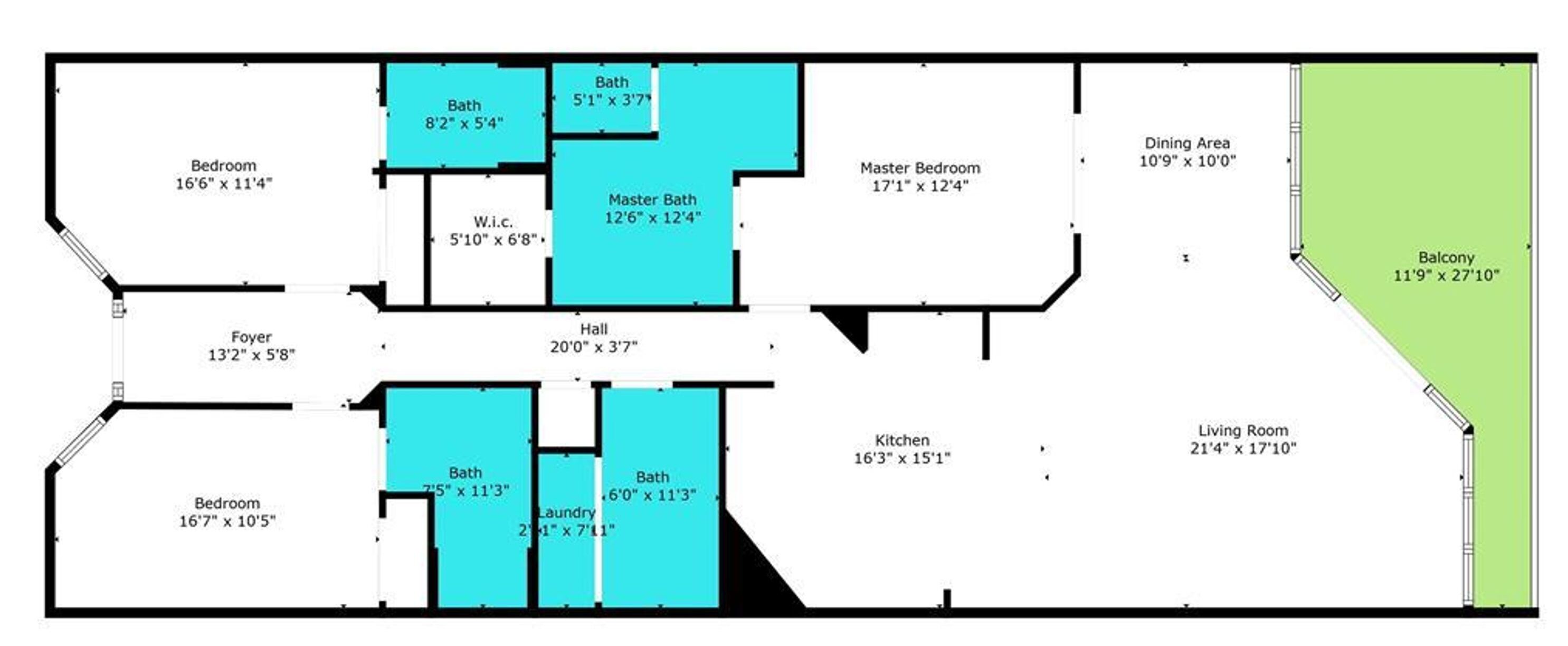 A floor plan of a hotel with two bedrooms, a master bedroom, a master bath, a foyer, a hall, a kitchen, a dining area, a living room, a balcony, and a laundry room.