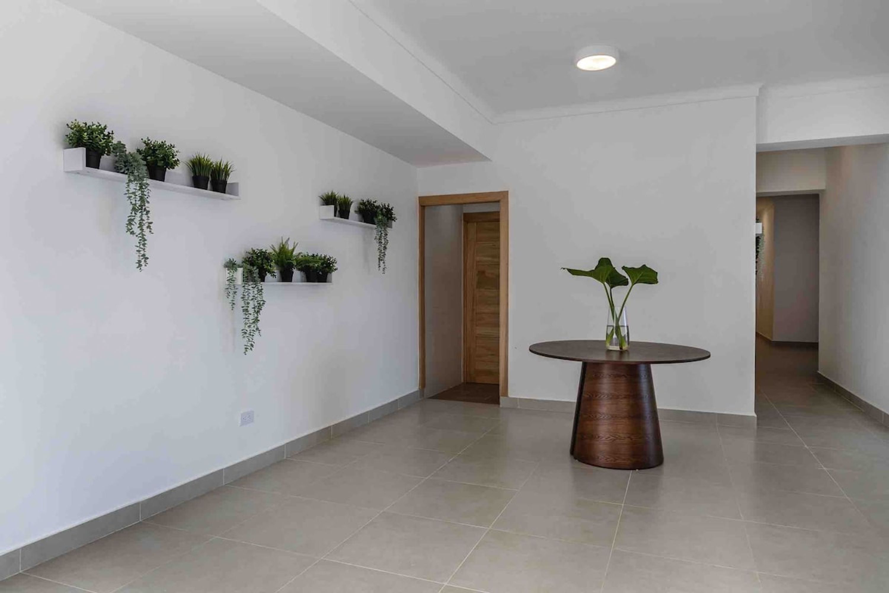 Un hall d’entrée spacieux aux murs blancs, agrémenté de nombreuses plantes en pot et d’une table ronde sur laquelle est posé un vase.