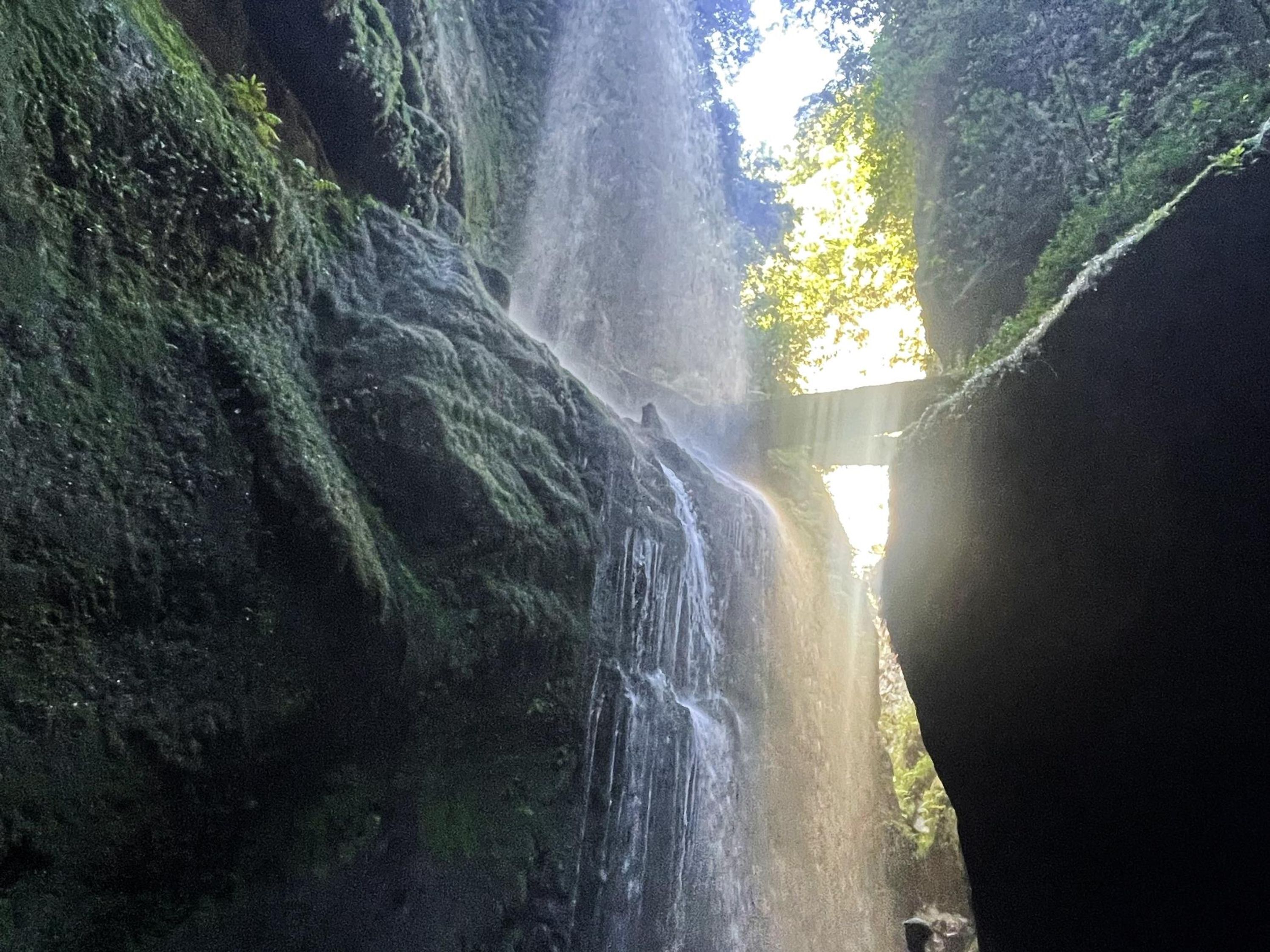 Ein Wasserfall in bewaldeter Landschaft, durch das Blätterdach gefiltertes Sonnenlicht.