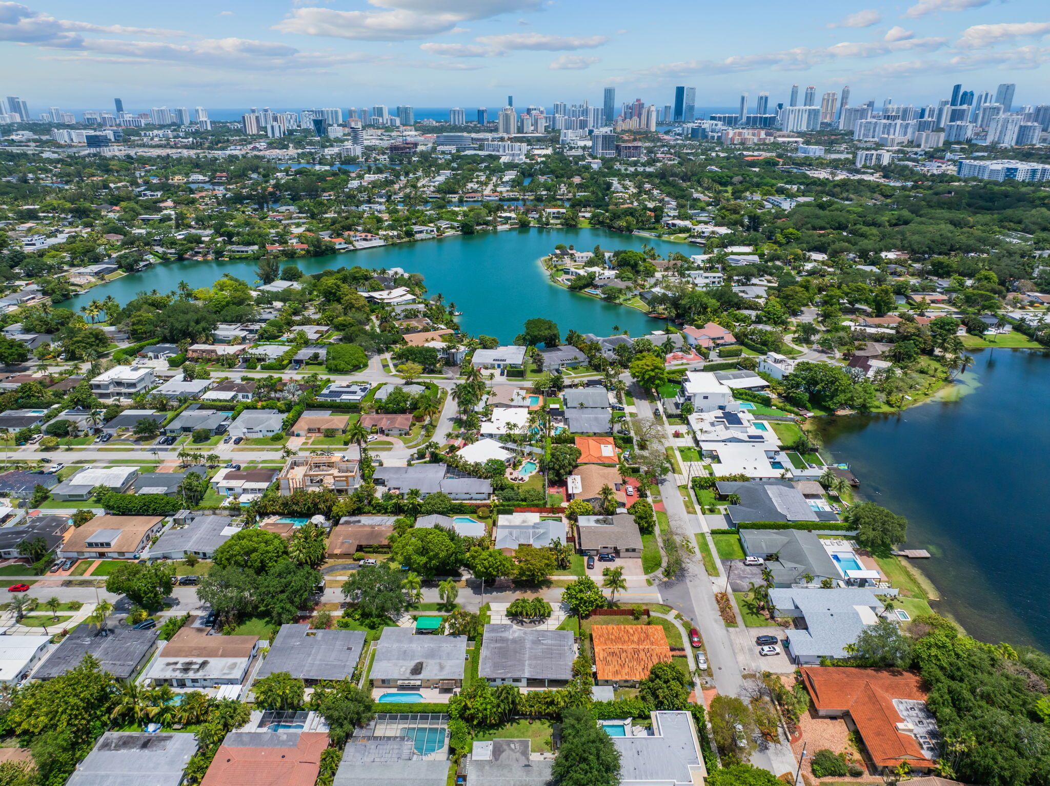 A residential area with houses, a marina, and a city skyline in the background.