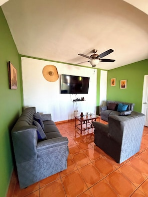 A living room with two grey sofas, a flat-screen TV, a ceiling fan, and a green wall.
