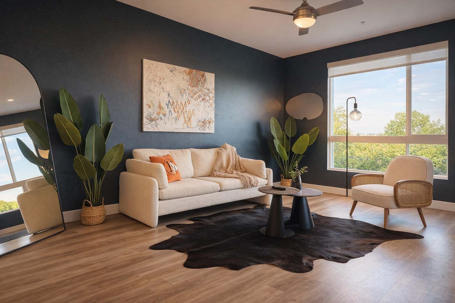 A modern living room with a sofa, coffee table, and chairs, a large window, and a ceiling fan.