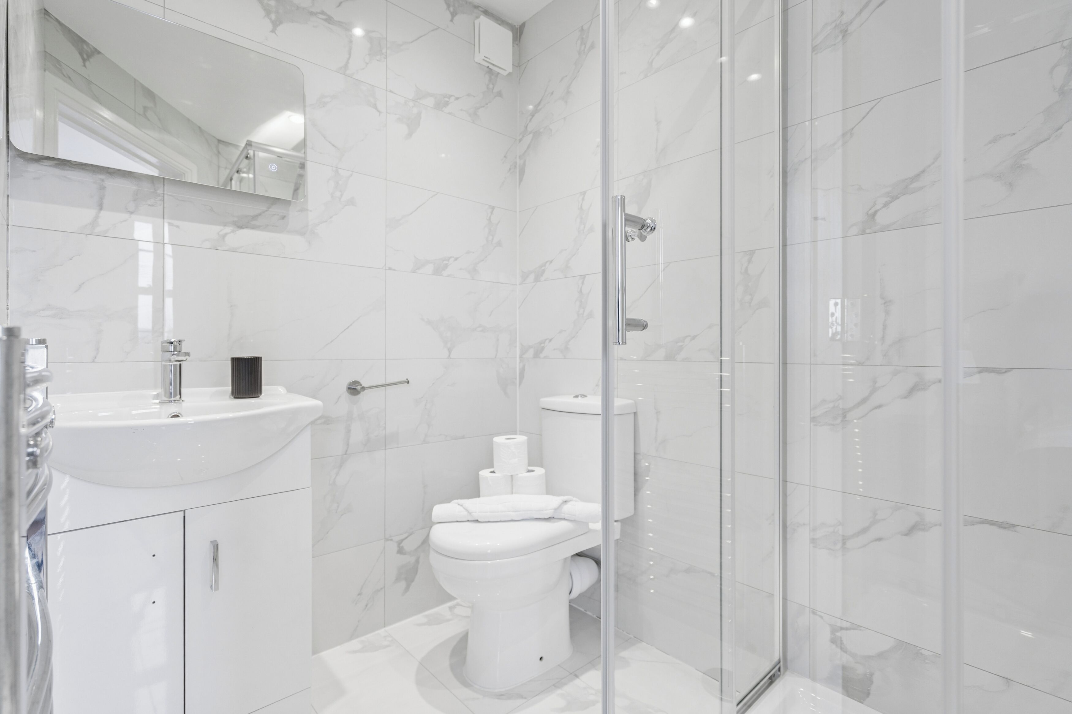 Hair dryer, towels, soap, toilet paper
