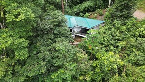 Een huis omringd door dicht bos, met een groen dak.