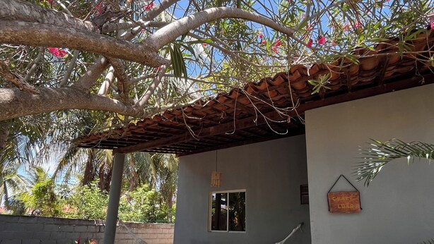A house with a hammock, a small window, and a sign on the wall.