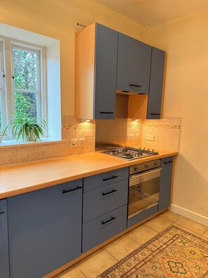 A kitchen with grey cabinets, a gas stove, and an oven. - Stable Cottage – A Hidden Gem in Abergavenny Town (Abergavenny)