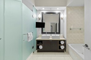 Hair dryer, towels, soap, shampoo