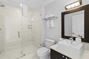 Hair dryer, towels, soap, shampoo