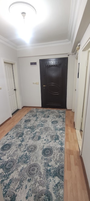 A room with a patterned rug, a black door, and wooden flooring.
