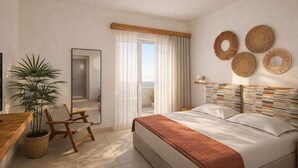 A modern bedroom with a bed, a desk, a chair, a potted plant, and a balcony with curtains. - Cavo Notos Beach Hotel (Lefkimmi)