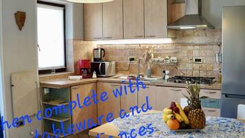 Fridge, microwave, dishwasher, cookware/dishes/utensils