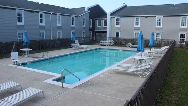 A rectangular swimming pool with a metal ladder, surrounded by lounge chairs and umbrellas.