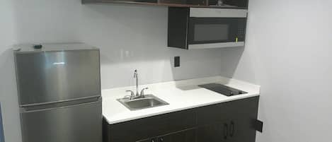 Une cuisine compacte dotée d’un réfrigérateur encastré, d’un four à micro-ondes, d’un évier et de meubles de rangement aux couleurs sombres.