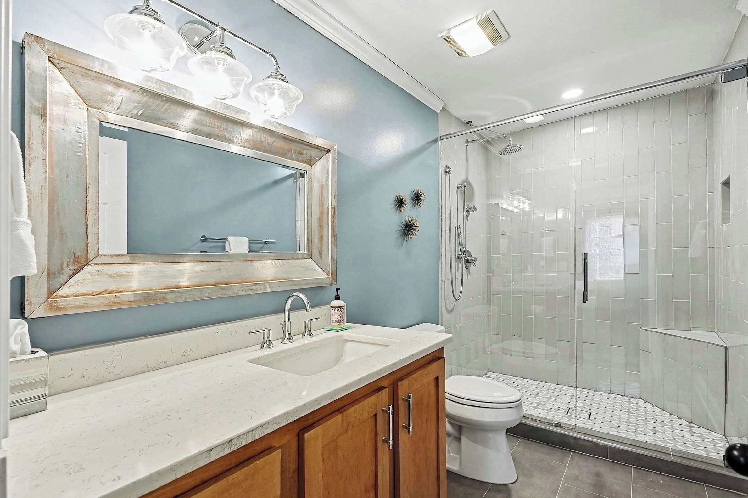 Shower, hair dryer, towels, shampoo