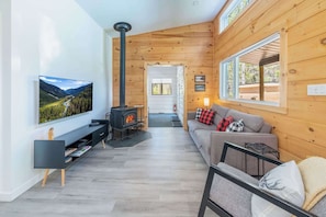 A modern cabin interior with a fireplace, a sofa, a TV, and a wooden wall.