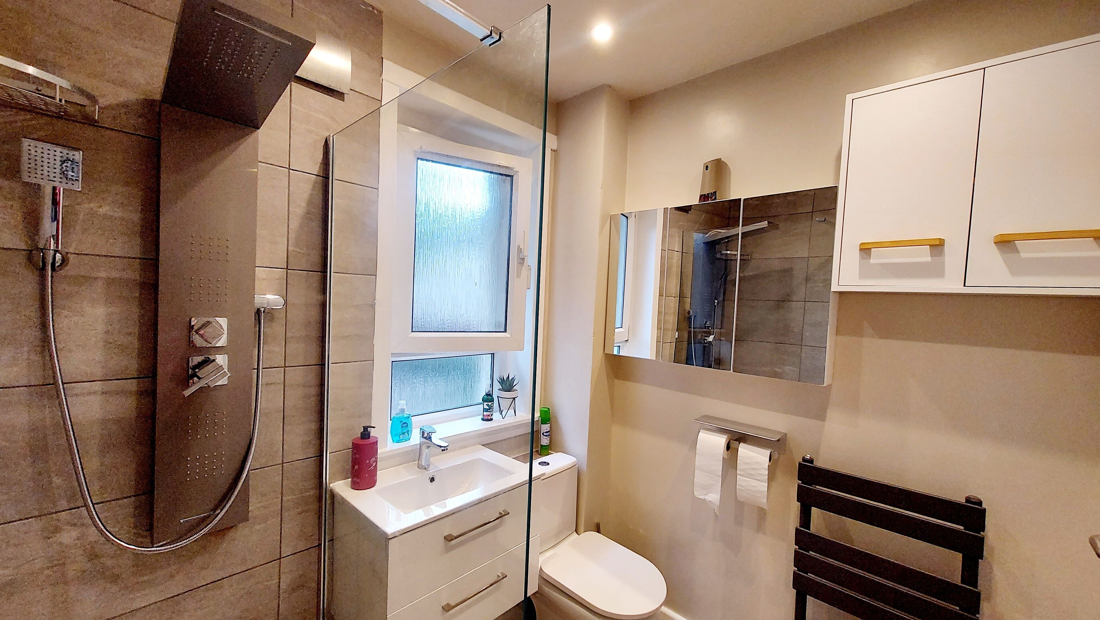 Shower, hair dryer, towels, soap