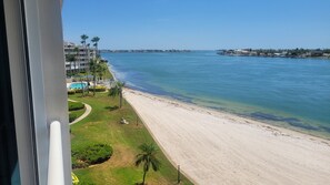 Ein Strandhotel mit Pool, Palmen und Blick aufs Meer.