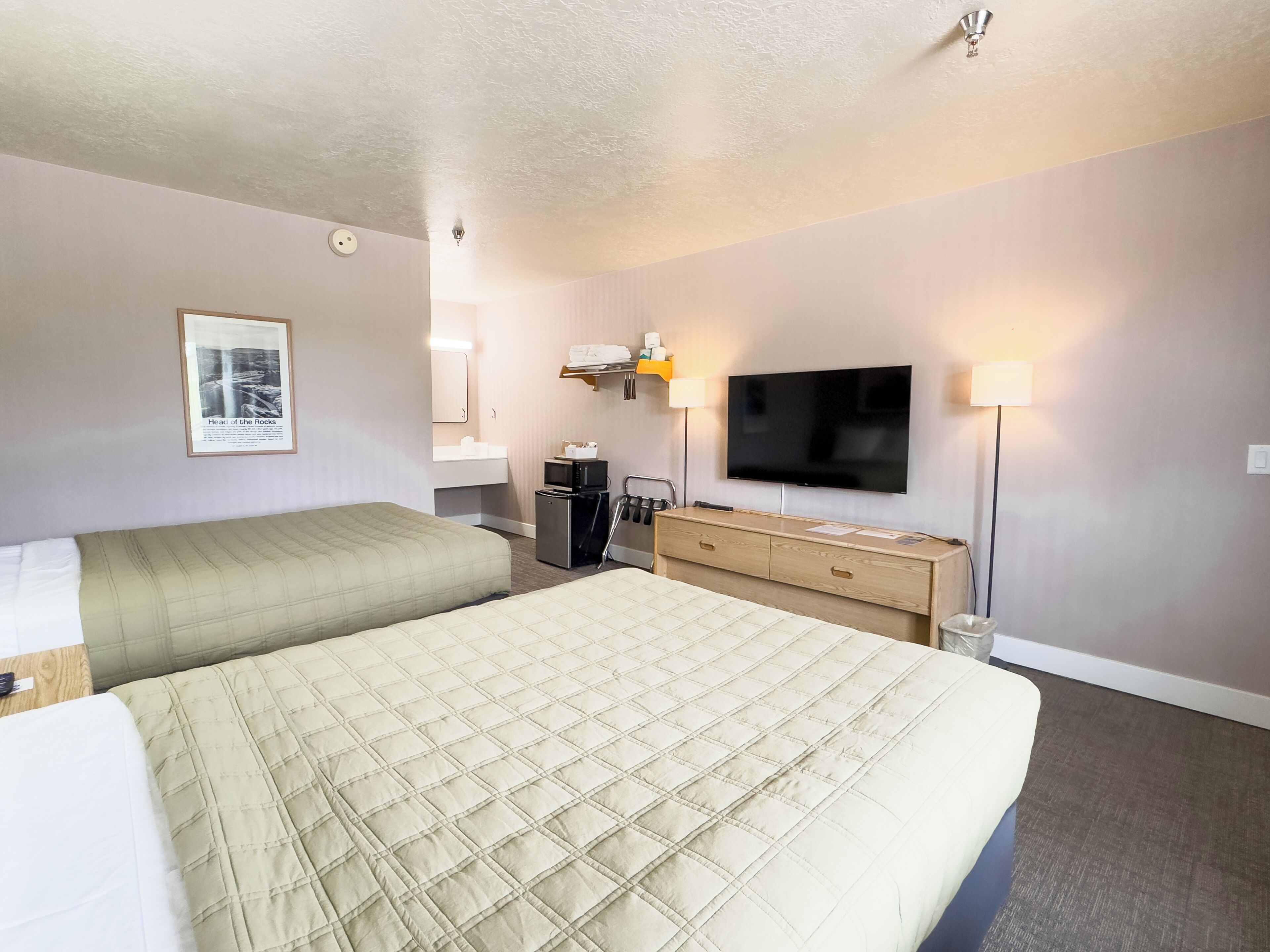 A hotel room with two beds, a television, a desk, a lamp, and a picture on the wall.