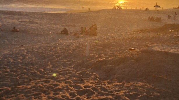 A beach with the sun setting over the horizon, creating a warm glow on the sand.