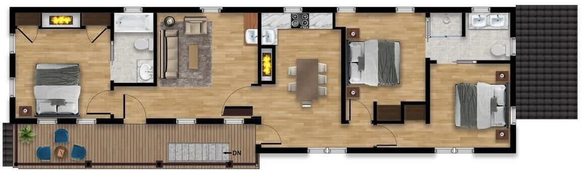 Distribución de una habitación de hotel que incluye un baño, una sala de estar con sofá y TV, un comedor con mesa y sillas, y un balcón con piscina.